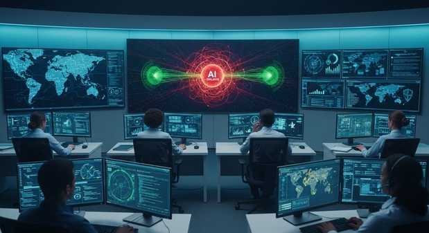 “Financial institution cybersecurity control room monitoring AI-driven malware activity and system response.”