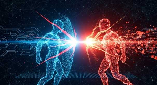 “Concept image of AI versus AI in cybersecurity — illustrating machine learning models battling digital threats.”