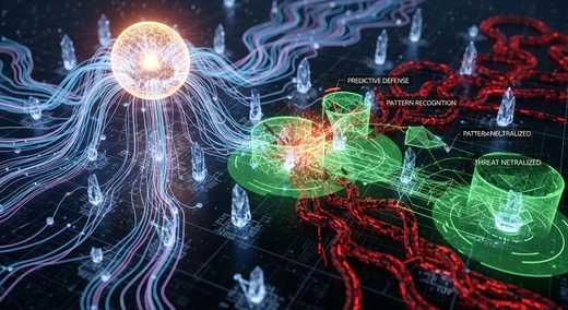 “Futuristic visualization of AI systems battling AI malware through predictive defense algorithms.”