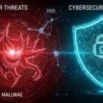 "AI Cyber Threats 2025 concept showing smart malware and cybersecurity defense"