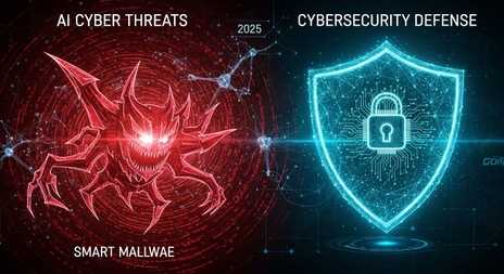 "AI Cyber Threats 2025 concept showing smart malware and cybersecurity defense"