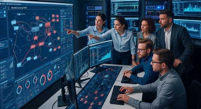 “Cybersecurity team collaborating to build AI-driven defense strategy with identity and endpoint protection systems.”