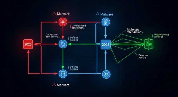 "Diagram explaining AI-driven malware adaptation in 2025 cybersecurity threats"