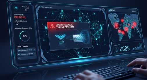 "AI cyber defense dashboard detecting smart malware threats 2025"