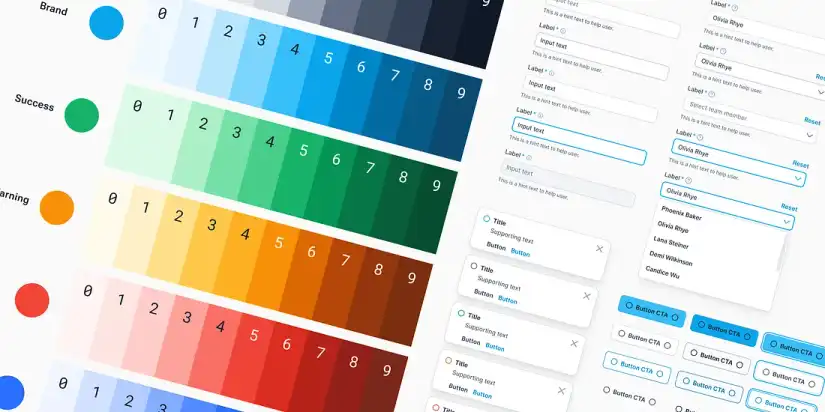 Figma workspace showing a complete design system with organized components, color styles, typography, and reusable UI elements for consistent design.
