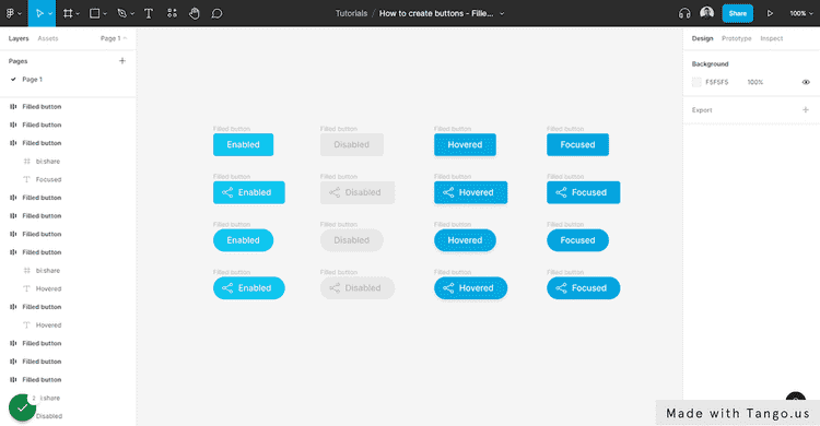 Figma button component variants showing different states