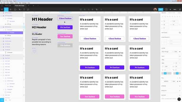 Figma interface showing a design system with components and styles